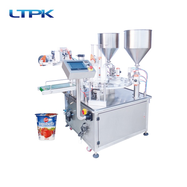 Yogurt and jelly cup filling and sealing machine(two filling station to fill different liquid)